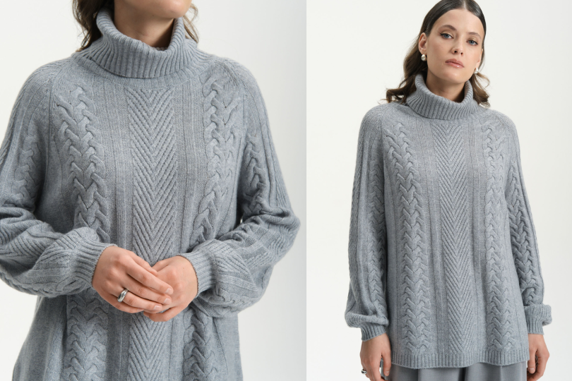 серый свитер с косами