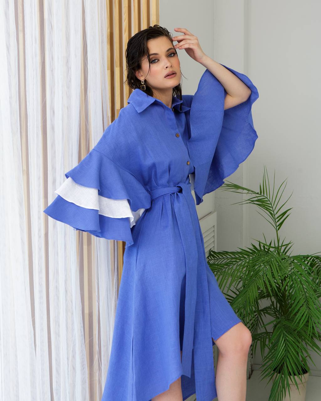 льняное платье синее